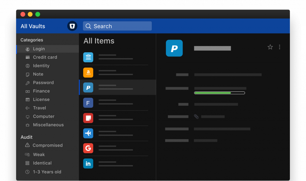 The main windows of the Enpass password manager