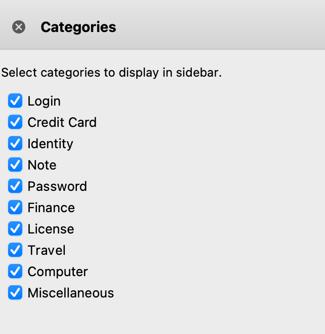 A list of different categories, such as Login, Credit card, and Identity