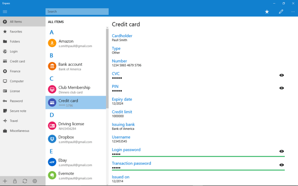 A software window with some saved account details