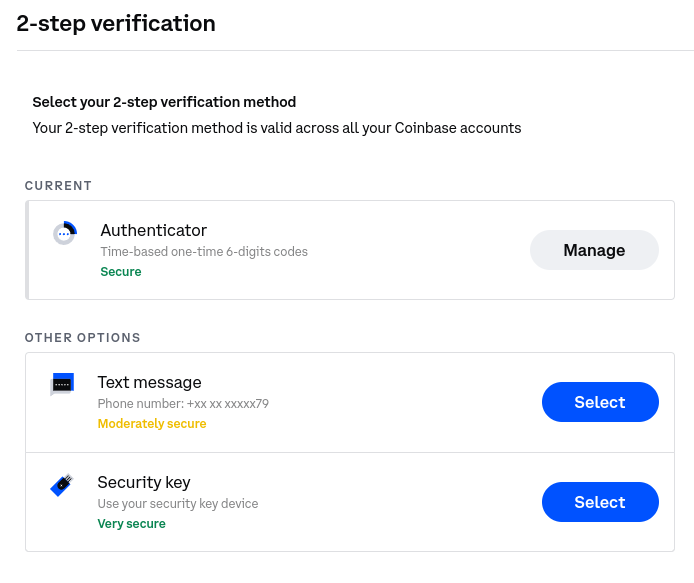 Screenshot of the security settings of a Coinbase account