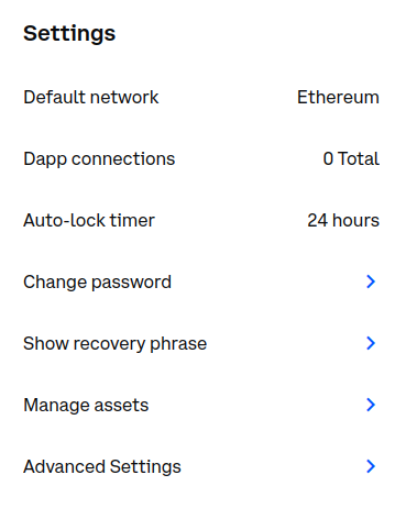 Screenshot of the Settings menu of Coinbase Wallet