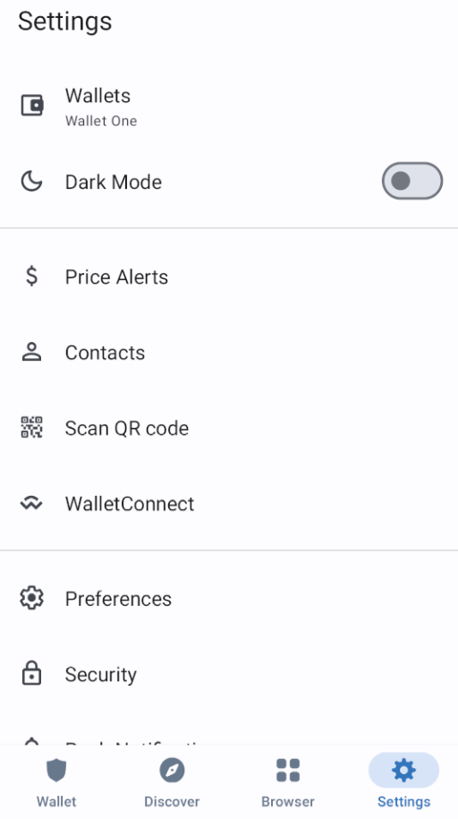 Trust Wallet's settings page