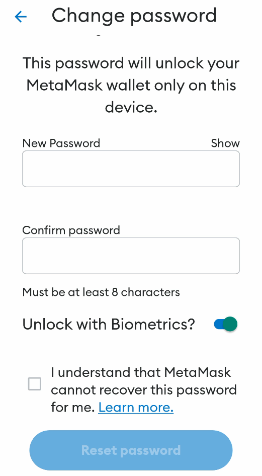 The change password page in MetaMask