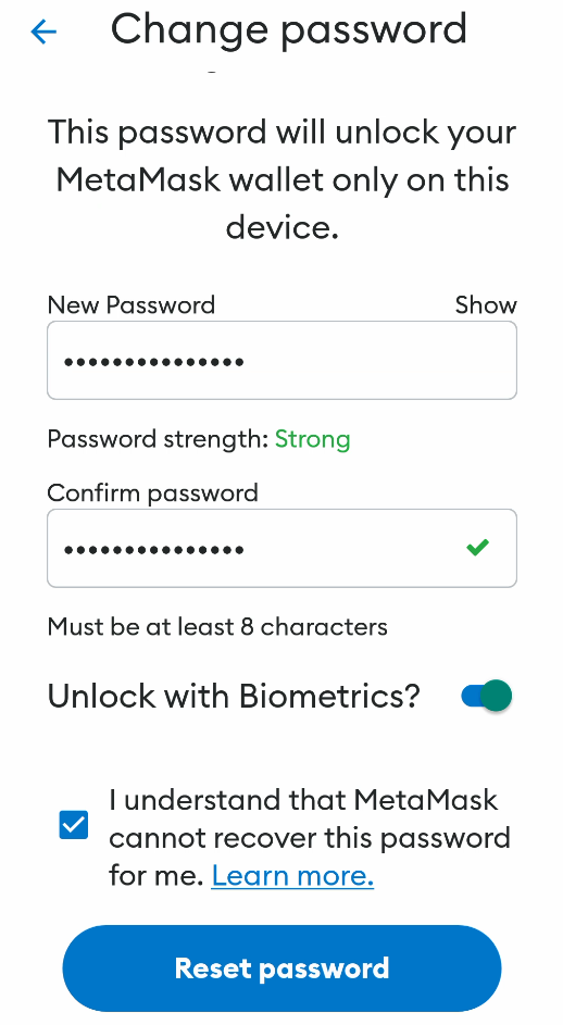 Setting the new password for MetaMask