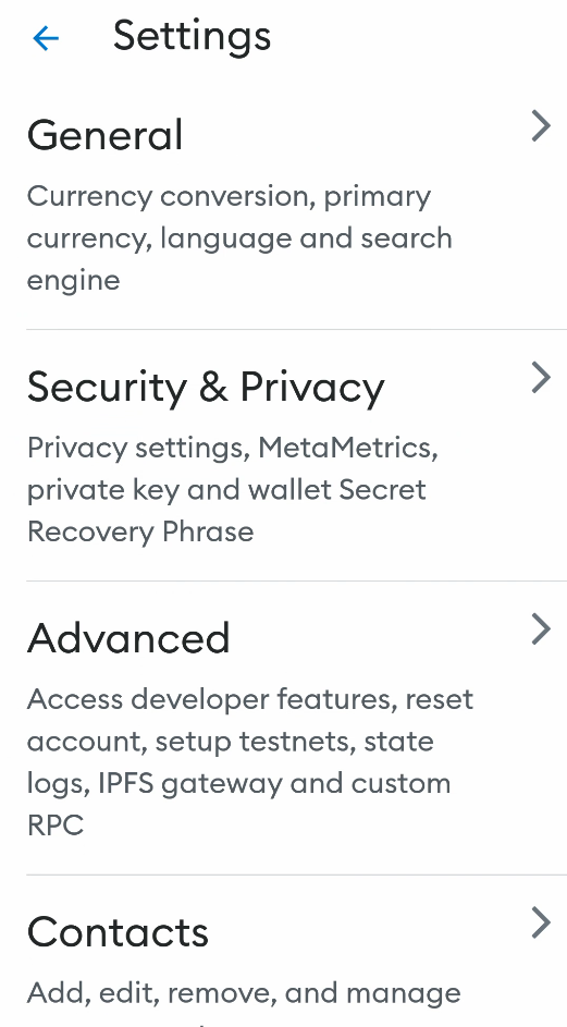 Settings page in Metamask