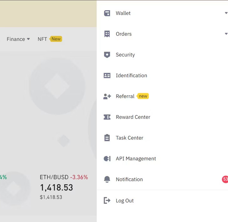 Binance's settings menu