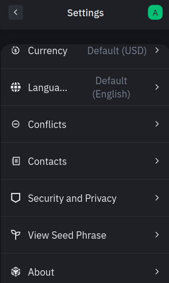 Settings menu of Binance Wallet