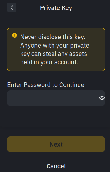 Entering password to view the private key