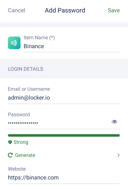 Protect Binance account by adding its credentials to Locker mobile app