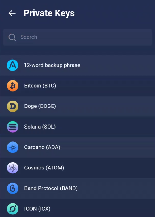 Atomic Wallet showing the list of secret keys