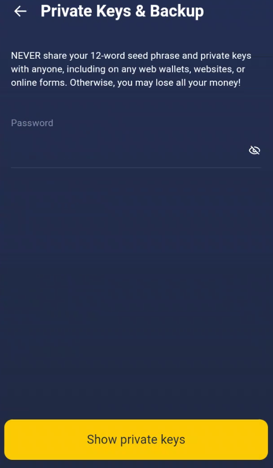 Entering password to show the private key