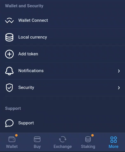 Settings page of Atomic Wallet