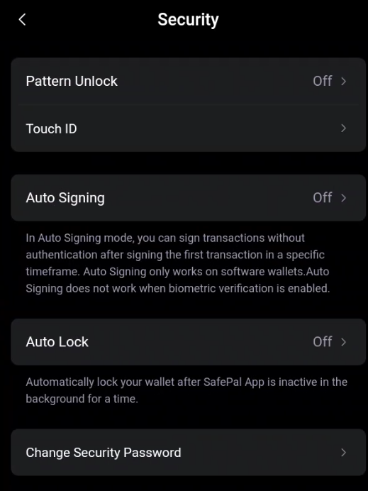 Security settings in SafePal wallet