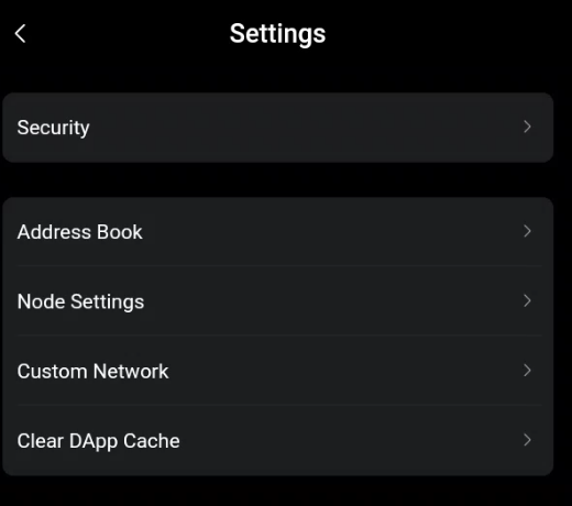 Settings page of SafePal wallet