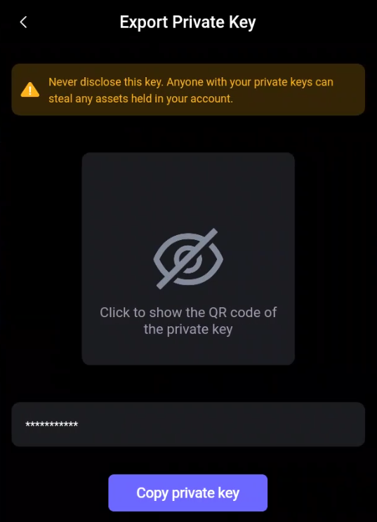 Entering password to view the private key