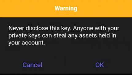 Warning SafePal wallet gives when exporting private keys