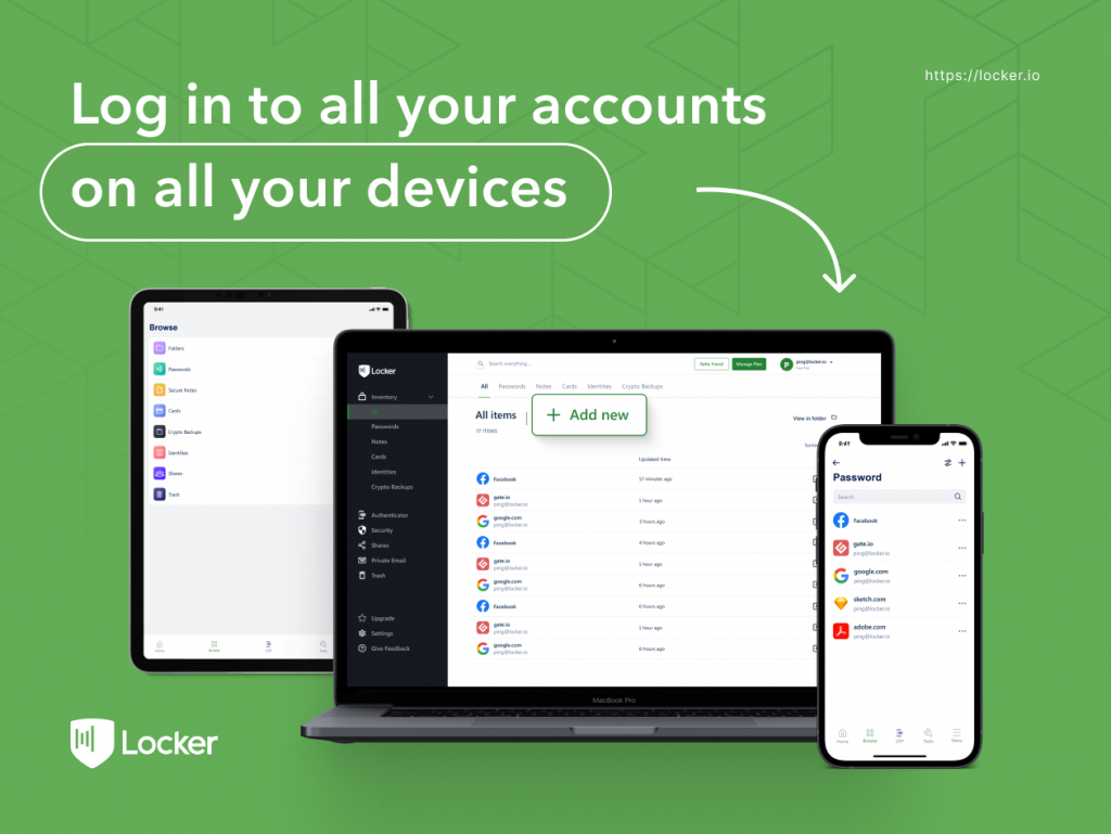 A laptop, smartphone, and a tablet running the password manager Locker, including the Locker password manager for Firefox