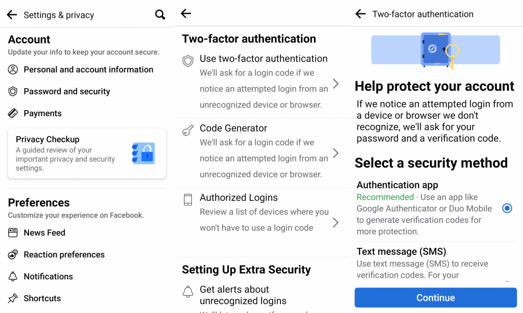 An app screen with security settings for an account